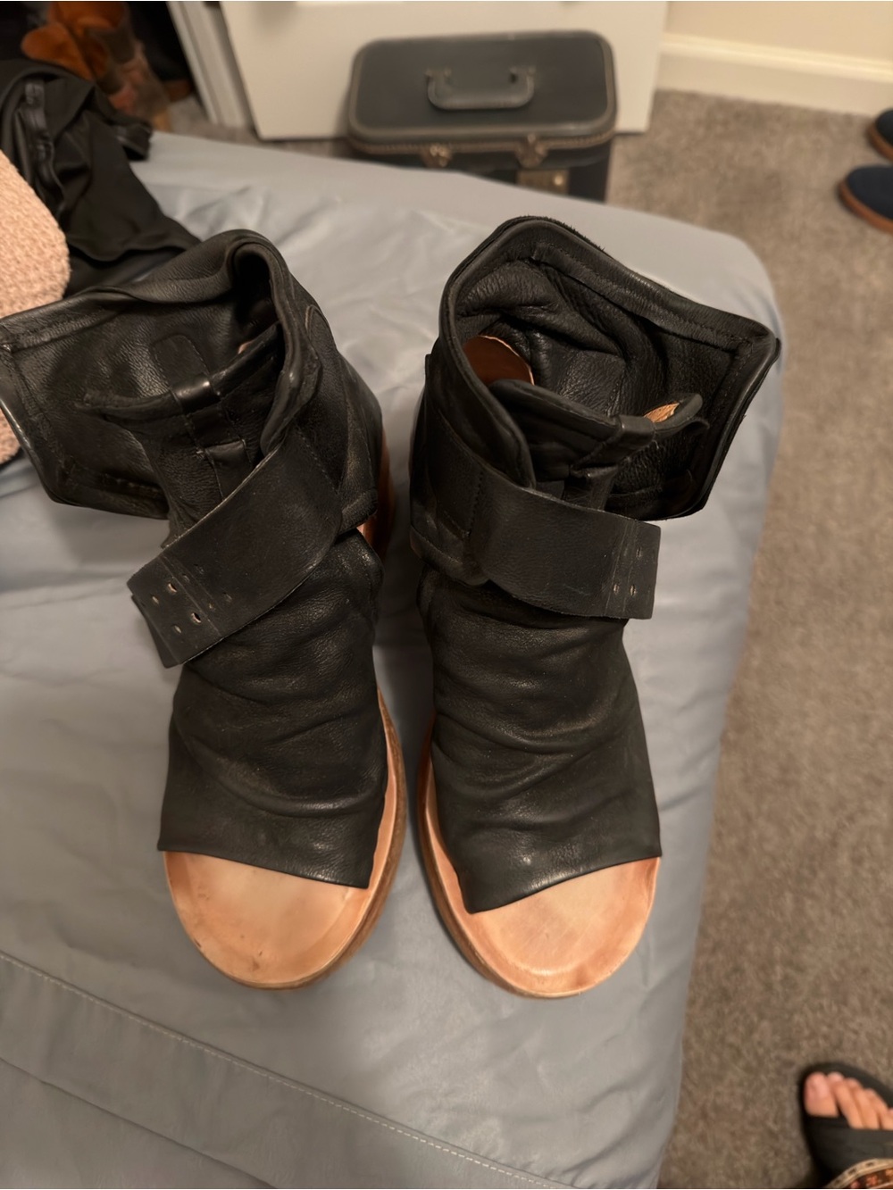 Women’s Black Leather Open-Toe Ankle Boots